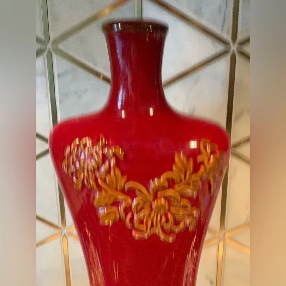 Oxblood Red Ceramic Glazed Vase Embossed Detail Oriental Asian Medium Curvy